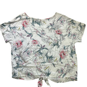 BUFFALO David Bitton Top‎ Women Size Large Short Sleeve White Floral Front Tie